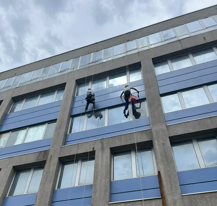 Deux cordistes suspendus à leurs cordes le long d'une façade d'immeuble de bureaux, nettoyant les grandes baies vitrées